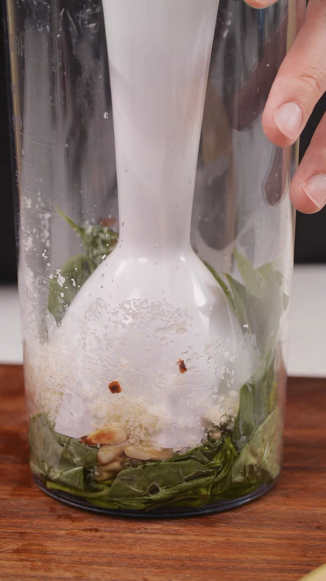 加入松子、现磨芝士碎、大蒜、盐和柠檬汁、橄榄油，用手持料理机搅打细腻均匀
